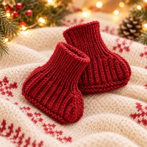 May include: A pair of deep red knitted baby booties featuring a ribbed texture throughout the ankle and foot sections. The booties are crafted from a thick yarn and are positioned together, showcasing the consistent knit pattern and color.