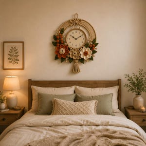 May include: A decorative wall clock with a woven rattan frame and a floral wreath design. The clock face is white with black numerals and hands. The wreath features crocheted flowers in shades of red, cream, and green. The clock is hanging above a bed.