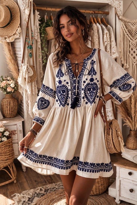 bohemian navy blue dress Embroidered Boho - Folk Chic Style - Loose and Flowing Fit Select your size:EU 42 - US 9 accented with a decorative Posse Linen Mini Dress promo_ldw_25_apparel