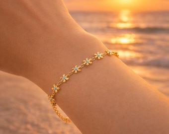 Bracelet doré fleurs turquoise en acier inoxydable - bijou d’été plage élégant