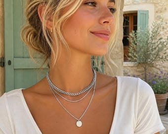 Minimalistische zilveren ketting met meerdere strengen – Fijne schakels en ronde hanger – Delicate boho-chique sieraden