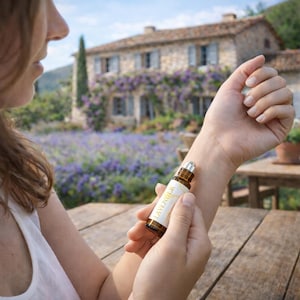 May include: A brown glass essential oil roller bottle labeled "LAVENDER" is held near a person's wrist. The background features a stone building with purple flowers and a wooden table.