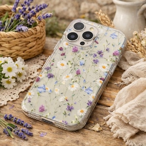 Transparente iPhone-Hülle mit Wildblumenmuster – zartes Blumenmuster und stoßfester Schutz – Hülle im provenzalischen Stil
