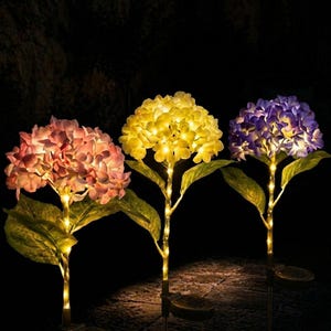 Può includere: Tre luci solari da giardino a forma di fiori di ortensia. I fiori sono rosa, gialli e viola, con foglie e steli verdi. Ogni fiore è illuminato da piccole luci a LED bianche calde, creando una luce soffusa.