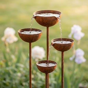 May include: A four-tiered outdoor water feature with rust-coloured bowls. Water flows from the top bowl down to the others. The fountain is set against a blurred green background with white flowers. The bowls are made of metal.