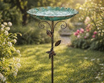 Vaschetta e mangiatoia per uccelli in metallo, 77 cm, vaschetta per uccelli da giardino per esterni, mangiatoia rustica a forma di foglia, decorazione per uccelli da giardino, regalo per amanti degli uccelli