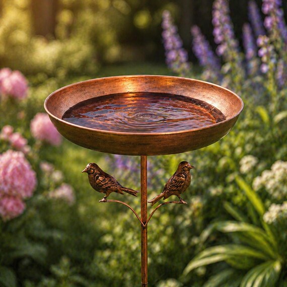 Vintage Metal Bird Bath Feeder with Stake – Rustic Garden Bird Bath & Outdoor Bird Feeder Decor, Backyard Wildlife Water Bowl Gift