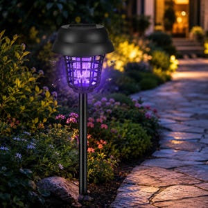 May include: A black solar-powered outdoor bug zapper stake light featuring a lantern-style cage with a glowing purple ultraviolet light inside. The device is mounted on a thin black pole and includes a solar panel on the top dome cover.