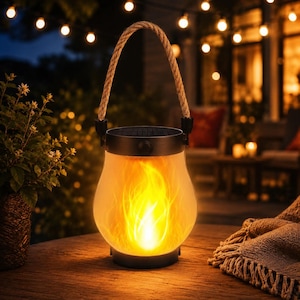 Peut inclure: Une lanterne portable avec un corps en verre dépoli émettant un effet de flamme orange vacillante et chaleureuse. La lanterne possède une base et un sommet circulaires noirs, avec une anse en corde épaisse de couleur naturelle sur les côtés.
