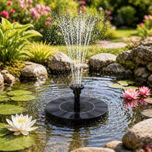 Könnte beinhalten: Ein schwarzer solarbetriebener Brunnen spritzt Wasser in einem Teich nach oben. Der Brunnen ist von Seerosen, rosa Seerosen und Felsen umgeben. Grüne Pflanzen und Blumen sind im Hintergrund.