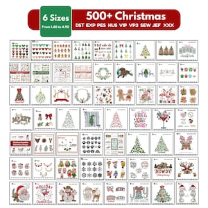 Könnte beinhalten: Eine digitale Sammlung von über 500 Weihnachtsstickmustern in verschiedenen Formaten wie DST, EXP, PES, HUS, VIP, VP3, SEW, JEF und XXX. Das Bild zeigt ein Raster mit zahlreichen festlichen Motiven, darunter Bäume, Schneemänner und Rentiere.