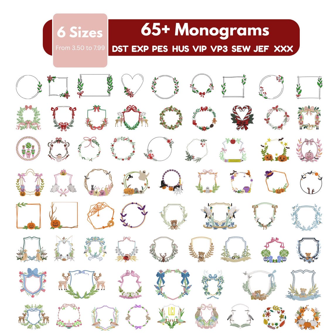 Monogram Embroidery Designs Bundle, Floral Wreath Frames, Wedding ...