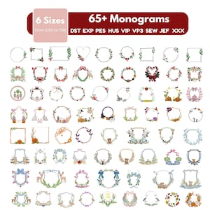 May include: A digital collection of 65+ embroidery monogram frames and borders in various shapes including circles, hearts, and shields. The designs feature seasonal motifs like pumpkins, reindeer, bows, and floral elements with file formats listed.