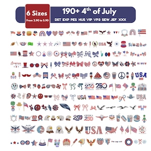 Op de afbeelding: Een digitale collectie van meer dan 190 borduurontwerpen voor 4 juli, met rood, wit en blauwe iconen waaronder Amerikaanse vlaggen, Amerikaanse zeearenden, sterren, strikken, hoeden en de tekst 190+ 4th of July, USA, America en 250 Anniversary.
