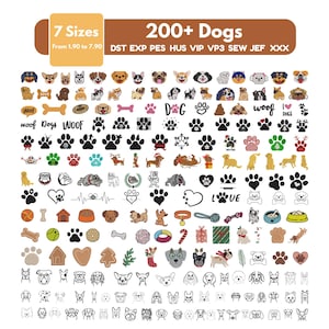 Op de afbeelding: Een digitale collectie van meer dan 200 borduurontwerpen met hondenthema, inclusief diverse hondenrassen, pootafdrukken, botten en teksten zoals 'WOOF' en 'LOVE'. De afbeelding toont 7 maten van 1,90 tot 7,90 cm en bestandsformaten DST, EXP, PES, HUS, VIP, VP3, SEW, JEF, XXX.