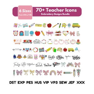 Könnte beinhalten: Ein Bild mit Stickmustern zum Thema Lehrer. Es zeigt Symbole wie Äpfel, Bleistifte und Schulbusse sowie den Text "70+ Teacher Icons Embroidery Designs Bundle". Die Designs sind in 6 Größen von 9,91 cm bis 20,07 cm erhältlich.