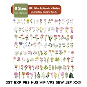 May include: A collection of over 100 embroidery designs featuring various flowers and foliage. The designs are available in 8 sizes, ranging from 1.00 to 3.51 inches. The image includes the text "Embroidery Designs Bundle".