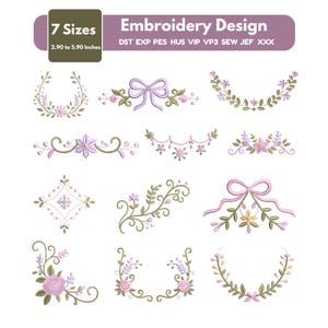 May include: A digital embroidery design collection featuring twelve floral and bow motifs in shades of light purple and olive green. The header text reads 7 Sizes 7.37 to 14.99 cm Embroidery Design DST EXP PES HUS VIP VP3 SEW JEF XXX.