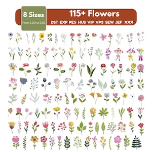 Può includere: Una collezione digitale di oltre 115 disegni per ricamo floreale in 8 dimensioni da 1,00 a 3,51 cm. I formati di file elencati sono DST, EXP, PES, HUS, VIP, VP3, SEW, JEF e XXX. L'immagine mostra una varietà di illustrazioni floreali colorate.