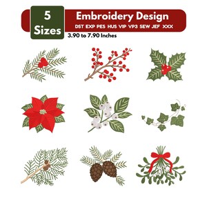 Puede incluir: Un conjunto de diseños de bordado digital con nueve ilustraciones botánicas festivas que incluyen acebo, flor de pascua, piñas y muérdago. El texto dice 5 Sizes, Embroidery Design y 9,91 a 20,07 cm, con los formatos de archivo listados.