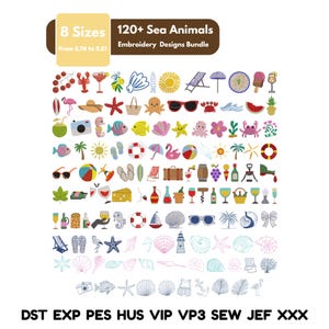 May include: A collection of embroidery designs featuring various sea animals and summer-themed elements. The designs include sea creatures, beach accessories, and food items. The image includes the text "8 Sizes" and "120+ Sea Animals Embroidery Designs Bundle".