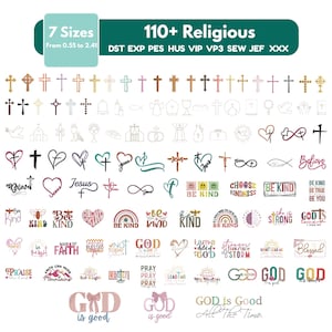 Op de afbeelding: Een digitale collectie van 110+ religieuze borduurontwerpen in 7 maten van 1,4 tot 6,1 cm. De set bevat diverse kruisiconen, harten, religieuze symbolen en inspirerende tekstzinnen zoals "God is good" in meerdere bestandsformaten.