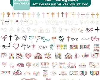 May include: A digital collection of 110+ religious embroidery designs in 7 sizes from 0.55 to 2.41 inches. The set includes various cross icons, hearts, religious symbols, and inspirational text phrases like "God is good" in multiple file formats.