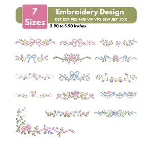 Könnte beinhalten: Eine digitale Stickmuster-Kollektion mit 13 Blumen- und Schleifenmotiven in 7 Größen von 7,37 bis 14,99 cm. Die Dateiformate sind DST, EXP, PES, HUS, VIP, VP3, SEW, JEF und XXX. Die Designs zeigen verschiedene Schleifen, Rosen und Ranken.