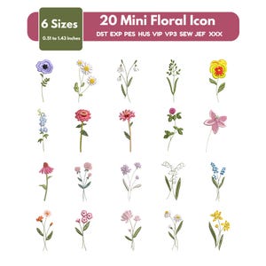 Può includere: Una collezione digitale di 20 mini icone di ricamo floreale in 6 dimensioni che vanno da 1,30 a 3,63 cm. Il set include vari disegni di fiori colorati compatibili con i formati di file DST, EXP, PES, HUS, VIP, VP3, SEW, JEF e XXX.