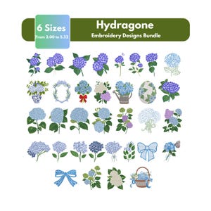 Puede incluir: Un paquete de diseños de bordado titulado "Hydragone" con varios diseños de flores de hortensia en tonos de azul, morado y blanco. La imagen incluye texto que indica seis tamaños disponibles, que van de 5,08 a 13,49 cm.