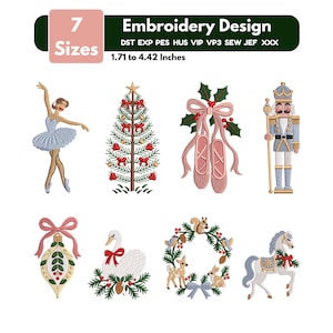 Könnte beinhalten: Ein digitales Stickmuster-Set mit acht weihnachtlichen Motiven: eine Ballerina, ein Tannenbaum, Ballettschuhe, ein Nussknacker, ein Ornament, ein Schwan, ein Waldkranz mit Tieren und ein Pferd, mit dem Text 7 Sizes 1.71 to 4.42 Inches.