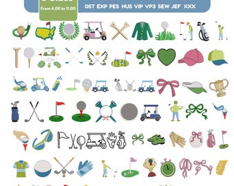 May include: A digital embroidery design collection featuring over 65 golf-themed icons including golf carts, clubs, balls, trophies, flags, and bows. The image displays text stating 8 Sizes From 4.00 to 11.00 and file formats DST EXP PES HUS VIP VP3 SEW JEF XXX.