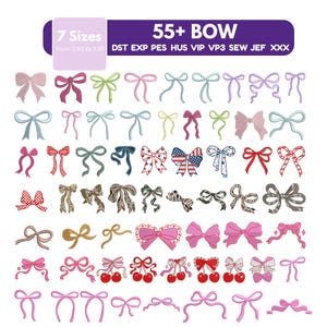 May include: A digital collection of 55+ bow embroidery designs in various styles, colors, and patterns, including solid, plaid, leopard print, and cherry motifs. The image displays the text 55+ BOW and lists file formats DST, EXP, PES, HUS, VIP, VP3, SEW, JEF, XXX.