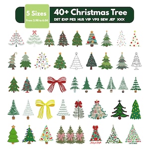 Könnte beinhalten: Eine digitale Sammlung von über 40 Weihnachtsbaum-Stickmustern in 5 Größen von 2,98 bis 6,04 cm. Das Set enthält verschiedene Baumstile, rote und gelbe Schleifen sowie festliche Muster in Formaten wie DST, EXP, PES, HUS, VIP, VP3, SEW, JEF und XXX.