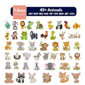 Może przedstawiać: Cyfrowa kolekcja ponad 45 wzorów haftów ze zwierzętami, takimi jak lwy, słonie i małpy. Grafika zawiera tekst 7 Sizes, 45+ Animals oraz formaty plików DST, EXP, PES, HUS, VIP, VP3, SEW, JEF i XXX.