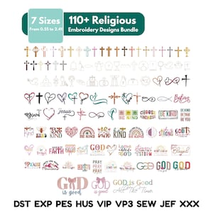 Puede incluir: Una colección de más de 110 diseños de bordado religioso, que incluyen cruces, corazones y frases inspiradoras. Los diseños vienen en 7 tamaños, de 1,4 a 6,1 cm. La imagen también incluye el texto "GOD is good".