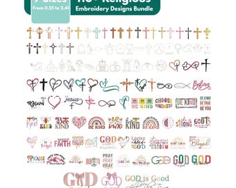May include: A collection of over 110 religious embroidery designs, including crosses, hearts, and inspirational phrases. The designs come in 7 sizes, ranging from 0.55 to 2.41 inches. The image also includes the text "GOD is good".