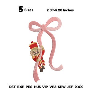 Nutcracker Bow Embroidery Design, Coquette Christmas Machine Embroidery, Pink Ribbon Holiday Ornament File
