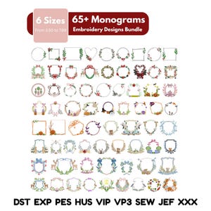 Puede incluir: Imagen que muestra un paquete de diseños de bordado con más de 65 diseños de monogramas en varias formas y estilos. Los diseños incluyen coronas, marcos y elementos decorativos. La imagen también muestra el texto "6 Tamaños" y "Paquete de diseños de bordado".