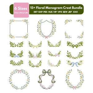 Può includere: Una collezione digitale di oltre 15 disegni di ricamo con monogrammi floreali in 6 dimensioni da 1,90 a 4,40 cm. Il set include varie ghirlande di foglie verdi, scudi e rami decorati con piccoli fiocchi nei colori rosa, blu e giallo.