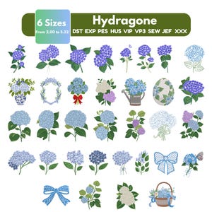Pode incluir: Uma coleção digital de desenhos de bordado intitulada Hydragone, apresentando várias ilustrações de flores de hortênsia azuis e roxas, coroas de flores, laços e cestas. O conjunto inclui 6 tamanhos e formatos como DST, EXP, PES, HUS, VIP, VP3, SEW, JEF e XXX.