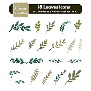 Puede incluir: Una colección digital de 18 iconos de hojas en varios tonos verdes y oliva, con 7 tamaños que van de 4,42 a 8,94 cm. El conjunto incluye formatos de archivo DST, EXP, PES, HUS, VIP, VP3, SEW, JEF y XXX para máquinas de bordar.