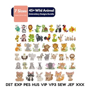Peut inclure: Ensemble de 45+ motifs de broderie d'animaux sauvages. Les motifs comprennent divers animaux tels qu'un lion, un zèbre, un singe et une girafe. Le texte sur l'image indique "7 Tailles" et "Ensemble de motifs de broderie".