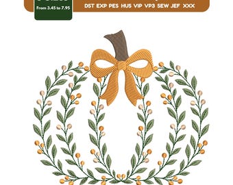 May include: An embroidery design of a pumpkin shape formed by green leafy vines with small orange and white berries. A golden-yellow bow sits at the top near a brown stem. Text reads: 8 Sizes From 3.45 to 7.95 Autumn Pumpkin DST EXP PES HUS VIP VP3 SEW JEF XXX.