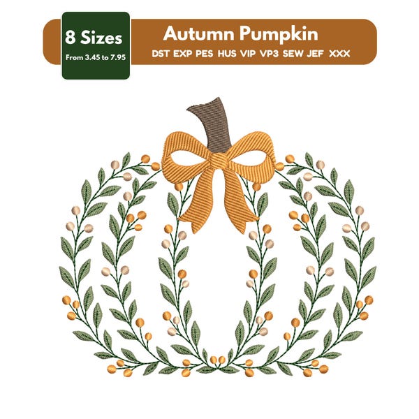Pumpkin Embroidery Design, Fall Wreath, Autumn Decor, Thanksgiving Decor, Floral Monogram Frame, Harvest Leaves, Machine Embroidery File