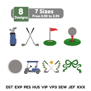 Puede incluir: Una colección de ocho diseños de bordado con temática de golf, que incluyen palos de golf, una bolsa de golf y una pelota de golf en un tee. Los diseños están disponibles en siete tamaños, que van de 2,29 cm a 9,91 cm. La imagen también muestra el texto "8 Designs" y "7 Sizes".