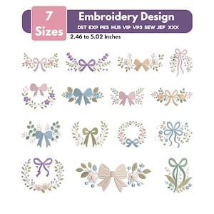 May include: A digital embroidery design collection featuring 14 floral and bow motifs in pastel colors. The text reads 7 Sizes, Embroidery Design, DST EXP PES HUS VIP VP3 SEW JEF XXX, and 2.46 to 5.02 Inches. The designs include wreaths and sprays.