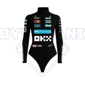 May include: Black bodysuit with a turtleneck and long sleeves. The bodysuit features various sponsor logos, including "Android", "Cisco", and "Dell Technologies". The design includes the text "OKX" and the Union Jack flag. The sleeves have the text "RICHARD MILLE".