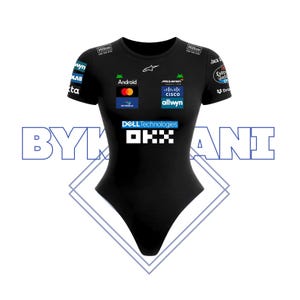 May include: Black bodysuit with short sleeves, featuring sponsor logos and text including "Hilton", "Android", "McLaren", and "DELL Technologies". The design incorporates a diamond shape and the text "BYK DANI".
