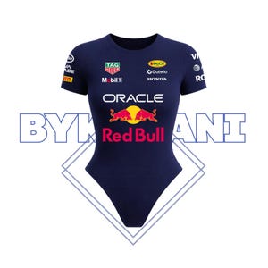 May include: Navy blue bodysuit featuring the Red Bull Racing logo and sponsor emblems. The design includes the Oracle logo, the Red Bull logo, and the text "BYK ANI". The short-sleeved bodysuit has a round neckline.